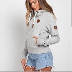 Wanakome Noella Terry Half zip Crop Hoodie Sweatshirt Grey Size L 1/2 zip